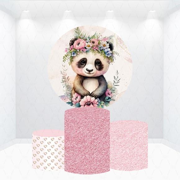 Painel Redondo + Kit de Capas de Cilindros Panda Rosa
