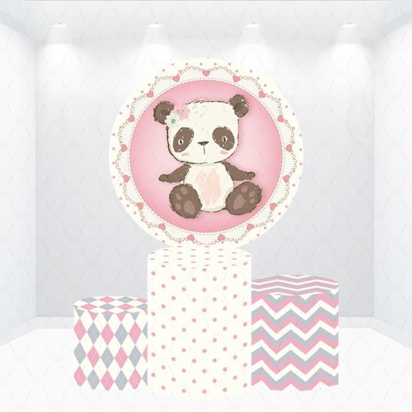 Painel Redondo + Kit de Capas de Cilindros Panda Rosa