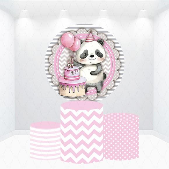 Painel Redondo + Kit de Capas de Cilindros Panda Rosa