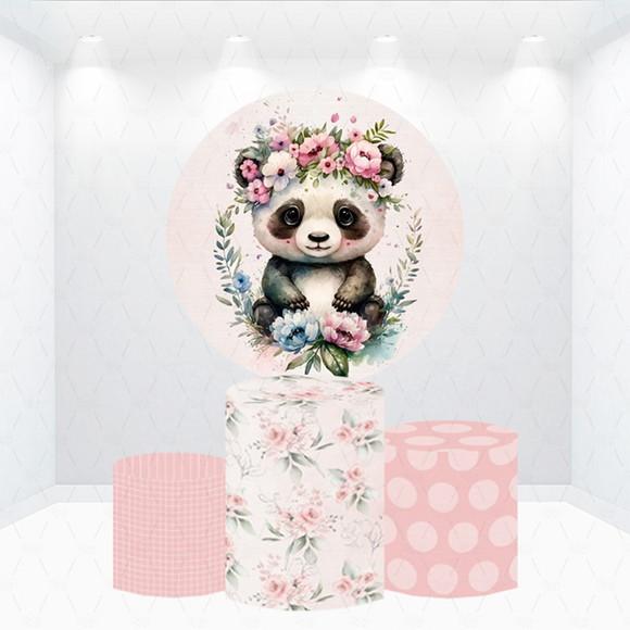 Painel Redondo + Kit de Capas de Cilindros Panda Rosa
