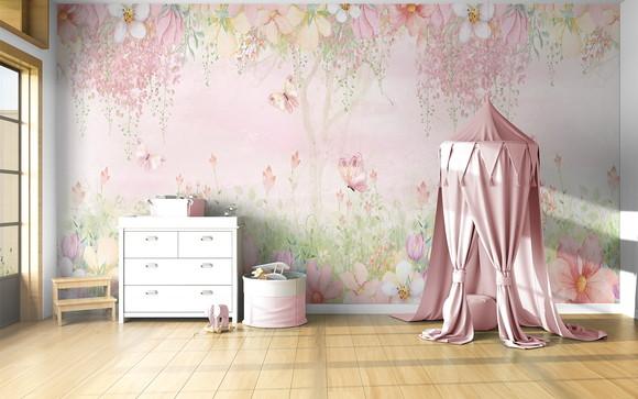 Papel de Parede Jardim das Borboletass Rosado- 5x2,8m