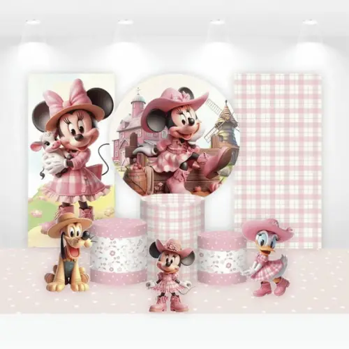 Kit Painéis, Cilindros, Tapete e Displays Minnie Fazendinha