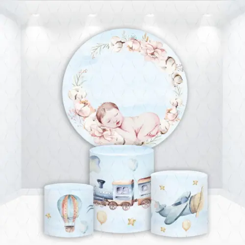 Painel Redondo + Kit Capas de Cilindros Chá de Bebê Menino