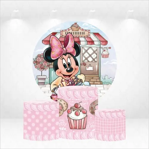 Painel Redondo + Kit Capas de Cilindros Minnie Confeiteira