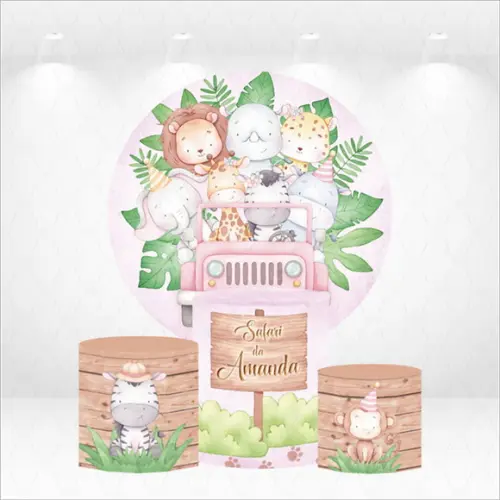 Painel Redondo + Kit Capas de Cilindros Safari com Nome