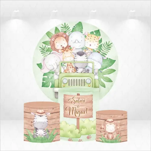 Painel Redondo + Kit Capas de Cilindros Safari com Nome