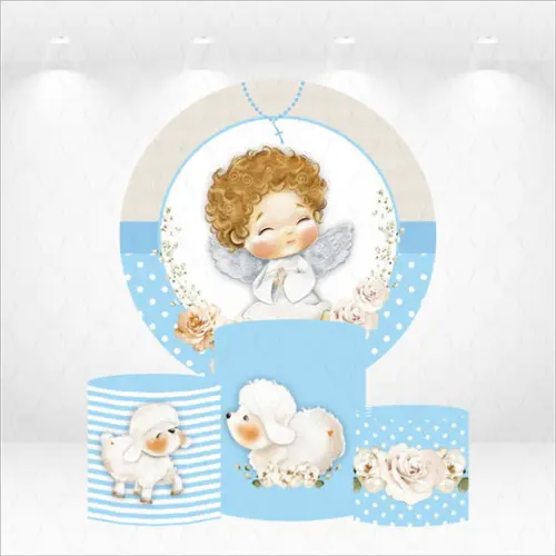 Painel Redondo + Kit de Capas de Cilindros Anjo Batizado
