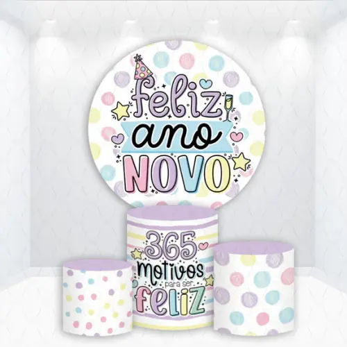 Painel Redondo + Kit de Capas de Cilindros Feliz Ano Novo