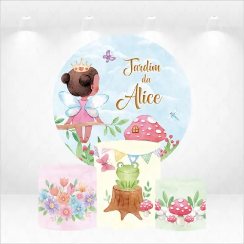 Painel Redondo + Kit de Capas de Cilindros Jardim das Fadas
