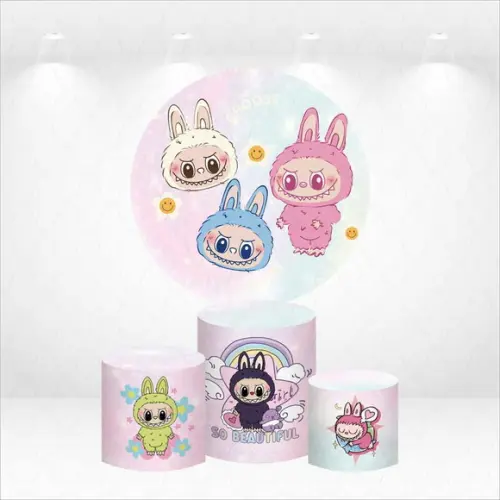 Painel Redondo + Kit de Capas de Cilindros Labubu