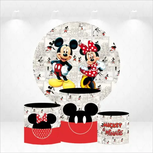 Painel Redondo + Kit de Capas de Cilindros Mickey e Minnie