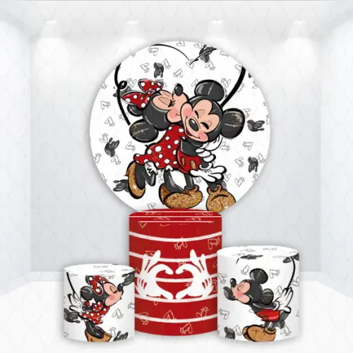 Painel Redondo + Kit de Capas de Cilindros Mickey e Minnie