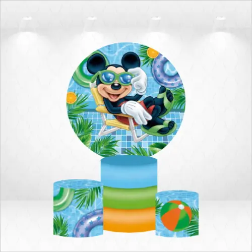 Painel Redondo + Kit de Capas de Cilindros Mickey Pool Party