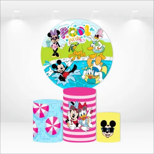 Painel Redondo + Kit de Capas de Cilindros Mickey Pool Party