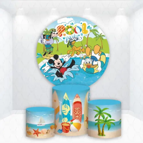 Painel Redondo + Kit de Capas de Cilindros Mickey Pool Party