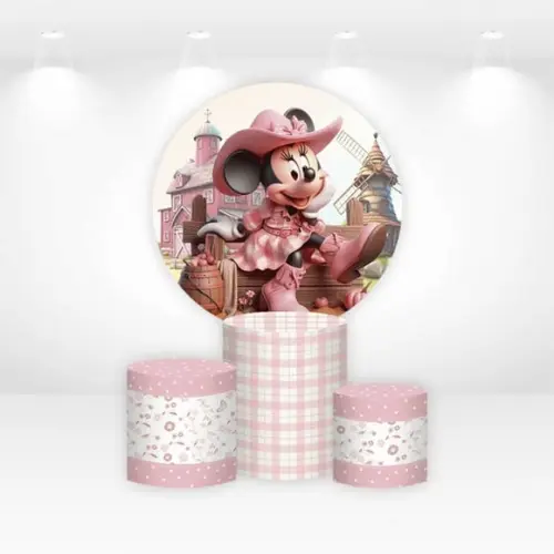 Painel Redondo + Kit de Capas de Cilindros Minnie Fazendinha