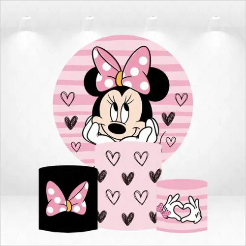 Painel Redondo + Kit de Capas de Cilindros Minnie Rosa