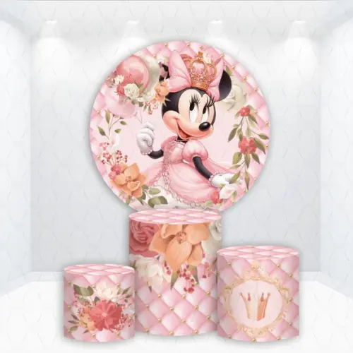 Painel Redondo + Kit de Capas de Cilindros Minnie Realeza