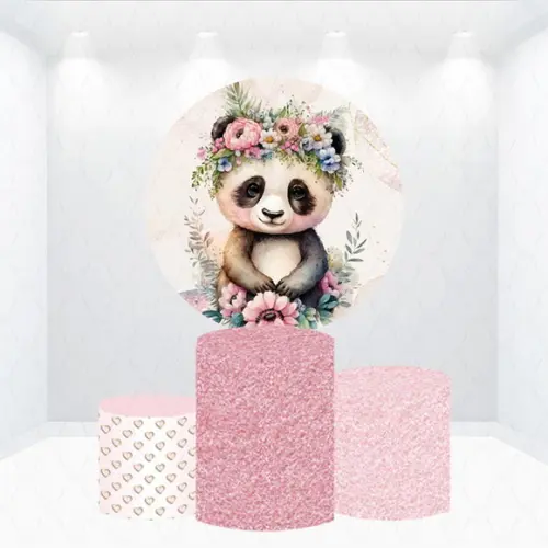 Painel Redondo + Kit de Capas de Cilindros Panda Rosa