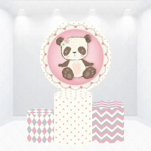 Painel Redondo + Kit de Capas de Cilindros Panda Rosa