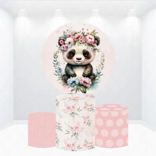 Painel Redondo + Kit de Capas de Cilindros Panda Rosa