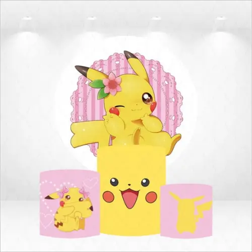 Painel Redondo + Kit de Capas de Cilindros Pokemon Pikachu
