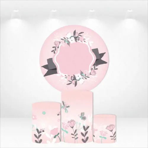 PAINEL REDONDO + KIT DE CAPAS DE CILINDROS ROSA FLORAL