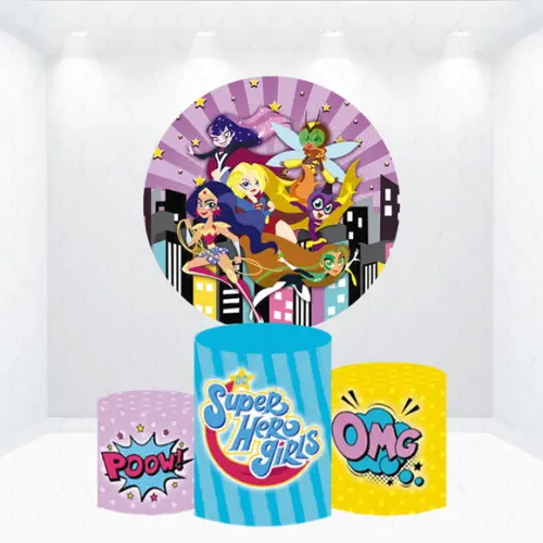 Painel Redondo + Kit de Capas de Cilindros Super Hero Girls