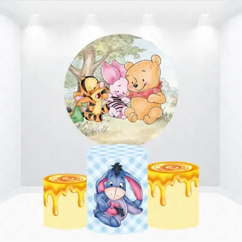Painel Redondo + Kit de Capas de Cilindros Ursinho Pooh