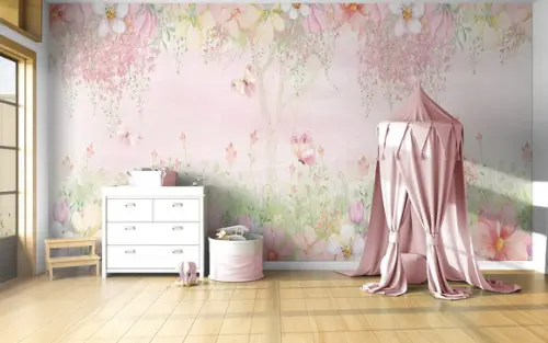 Papel de Parede Jardim das Borboletass Rosado- 5x2,8m