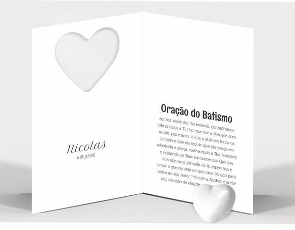 Cartão Batismo Personalizado c/ Aplique Mini Coração Branco.