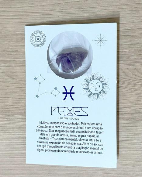 Cartão Person. Signo Peixes + Ametista. Pct c/ 12 Kits.