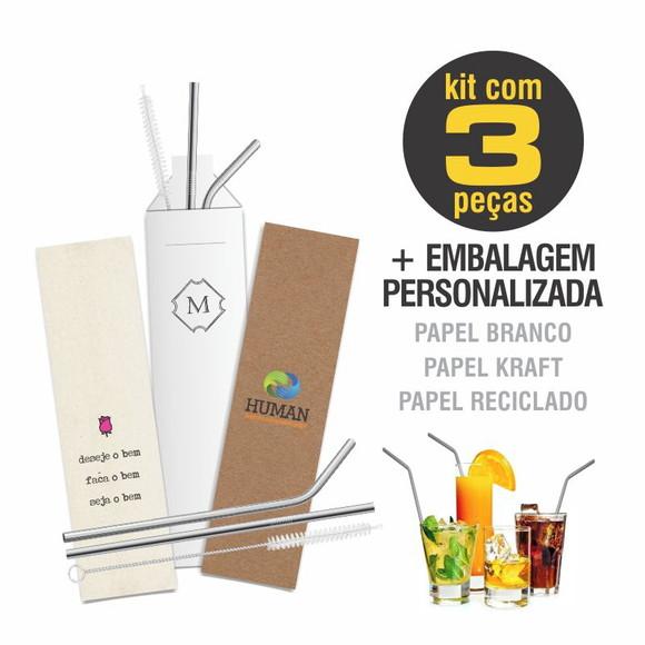 Kit Canudo Inox c/ 3 Pçs + Embalagem Personalizados