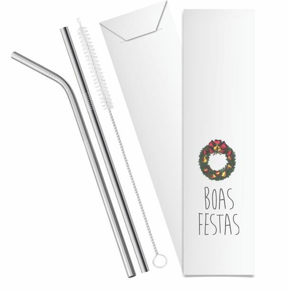 Kit Canudo Inox c/ 3 Pçs + Embalagem Personalizados Natal