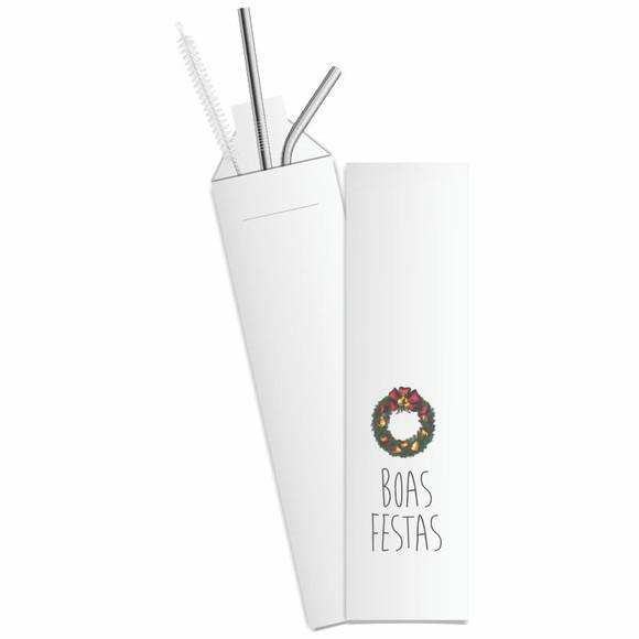 Kit Canudo Inox c/ 3 Pçs + Embalagem Personalizados Natal