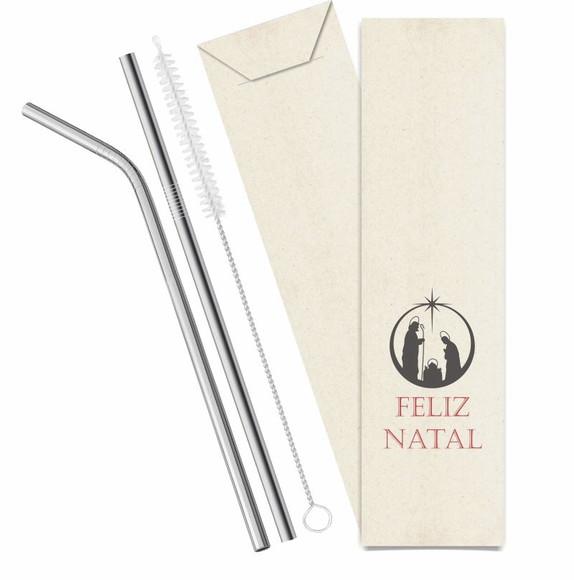 Kit Canudo Inox c/ 3 Pçs + Embalagem Personalizados Natal
