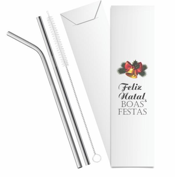 Kit Canudo Inox c/ 3 Pçs + Embalagem Personalizados Natal