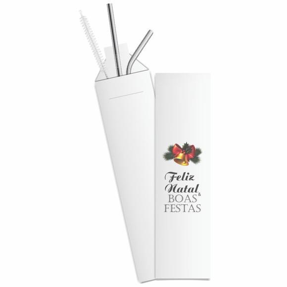 Kit Canudo Inox c/ 3 Pçs + Embalagem Personalizados Natal