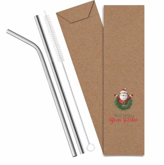 Kit Canudo Inox c/ 3 Pçs + Embalagem Personalizados Natal
