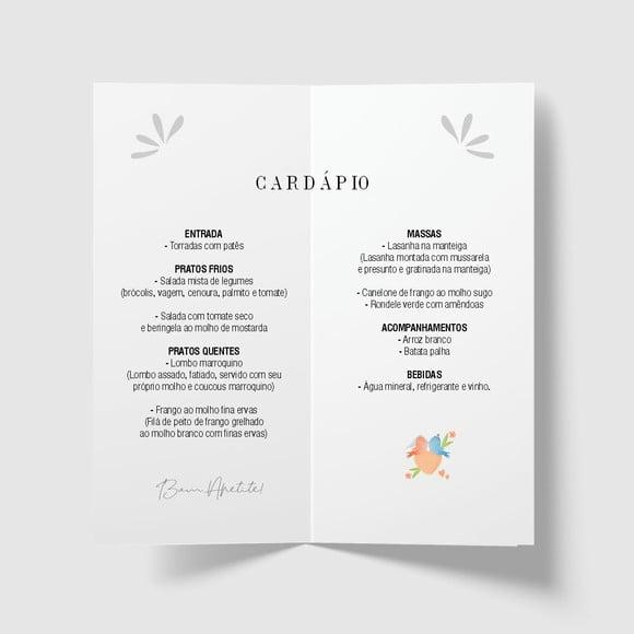 Cardápio / Menu Personalizado Casamento e Festas
