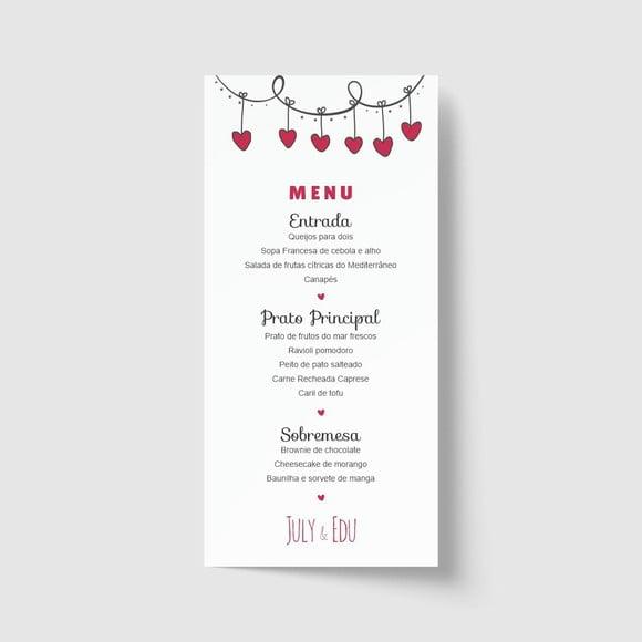 Cardápio / Menu personalizado casamento e festas 10cm x 21cm