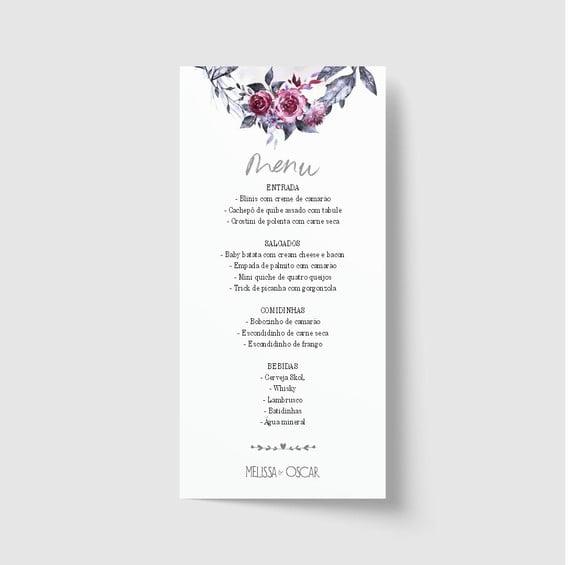 Cardápio / Menu personalizado casamento e festas 10cm x 21cm