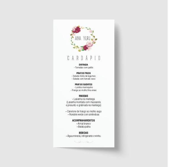 Cardápio / Menu personalizado casamento e festas 10cm x 21cm