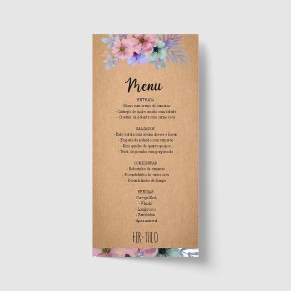Cardápio / Menu personalizado casamento e festas 10cm x 21cm