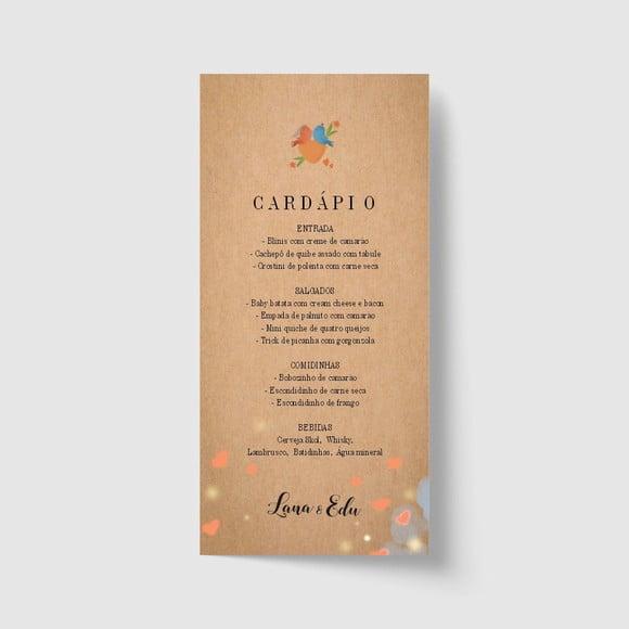 Cardápio / Menu personalizado casamento e festas 10cm x 21cm