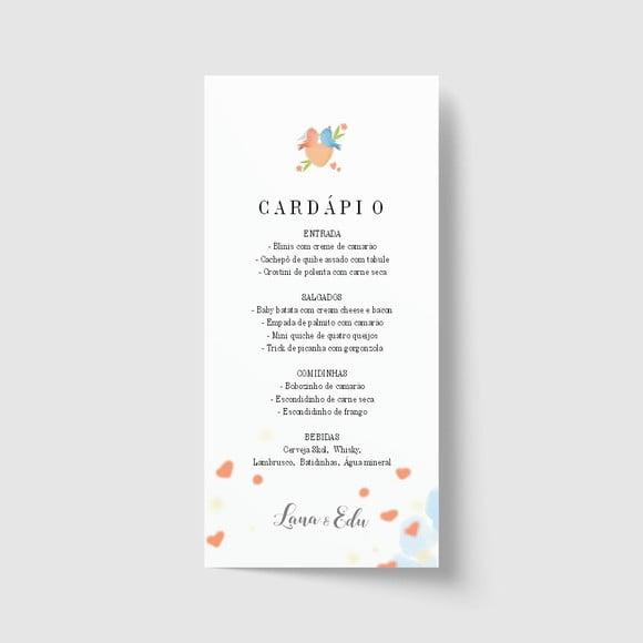 Cardápio / Menu personalizado casamento e festas 10cm x 21cm