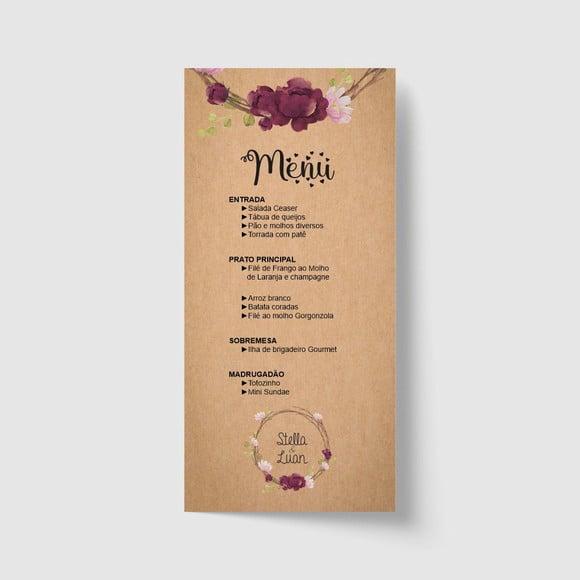Cardápio / Menu Personalizado Casamento e Festas 10cm x 21cm