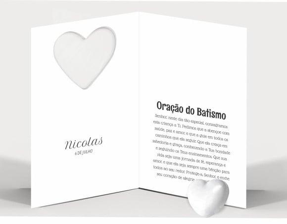 Cartão Batismo Personalizado c/ Aplique Mini Coração Branco.