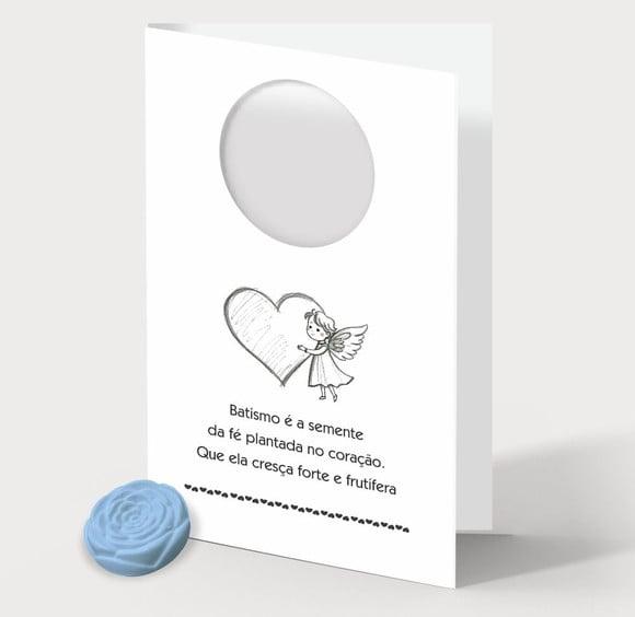 Cartão Batismo Personalizado c/ Aplique Mini Flor Azul.