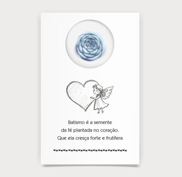 Cartão Batismo Personalizado c/ Aplique Mini Flor Azul.